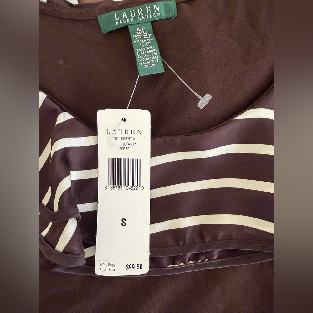 New Lauren Ralph Lauren Top Woman’s S Brown Striped Ruffle 3/4 Sleeve Rayon Bld - Picture 5 of 7